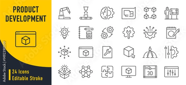 Obraz Product Development web icons in line style. Sturtup, funding, target, team, ipo, collection. Vector illustration.