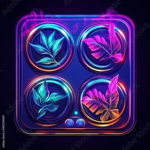 Fototapeta Neon-Illuminated Stove with Metallic Floral Patterns: Luxurious Chinese-Inspired Game Icon. Glowing Abstract Commercial Background for Digital Design. Inner-Lit Artistic Element on Dark Canvas. AI-Gen