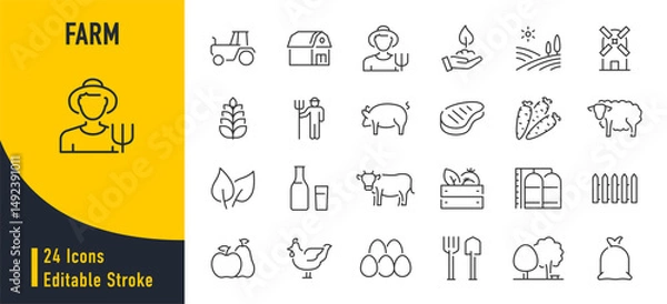Obraz Farming web icons in line style. Agriculture, planting, fertilizer, vegetables, tractor, farmers, fence, farm buildings, collection. Vector illustration.
