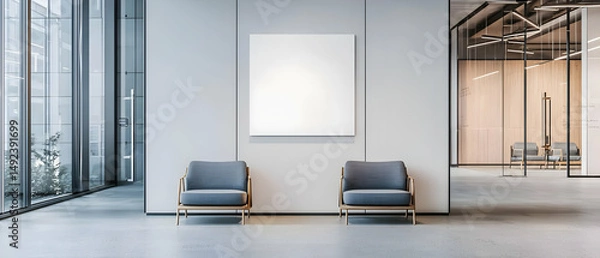 Fototapeta Modern Minimalist Lobby Interior Design With Gray Chairs And Blank Canvas Art