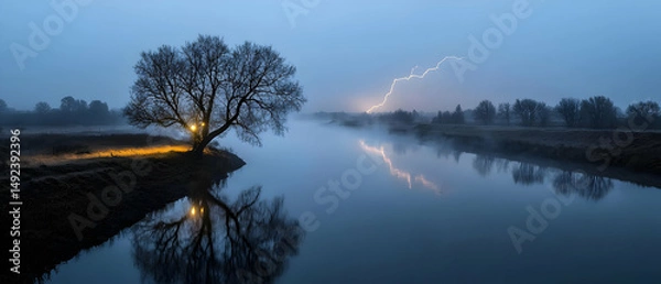 Fototapeta Misty River Landscape With Illuminated Tree