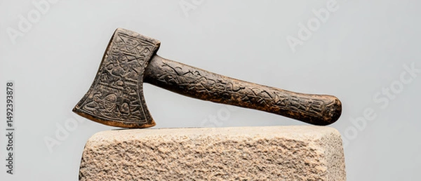 Fototapeta Antique Axe On Stone Block
