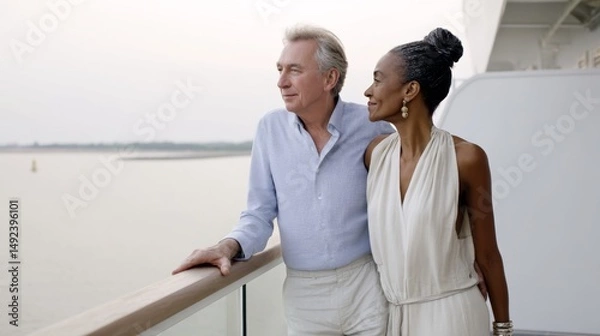 Obraz Man and woman are standing on a deck of a cruise ship, looking out at the water