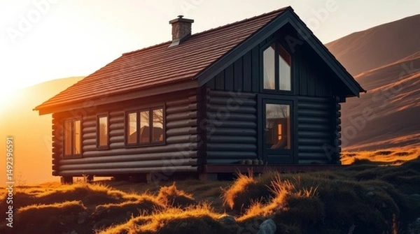 Obraz Rewilding efforts breathe life into remote mountain cabins at sunset, blending nature and architecture in scenic harmony Generative AI