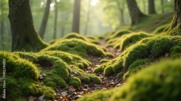 Obraz Experience the magic of rewilding with lush moss-covered paths in a serene forest at dawn Generative AI