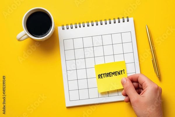 Fototapeta A person marks "Retirement!" on a calendar next to a coffee and pen, symbolizing the planning of retirement on a bright yellow background.