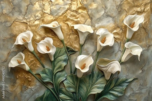 Fototapeta Gold-toned calla lilies in a 3D stucco setting elegant
