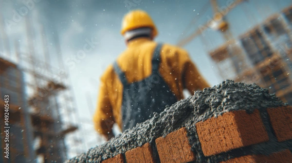 Fototapeta Construction worker yellow safety gear working building site with cranes background, showing focus and determination