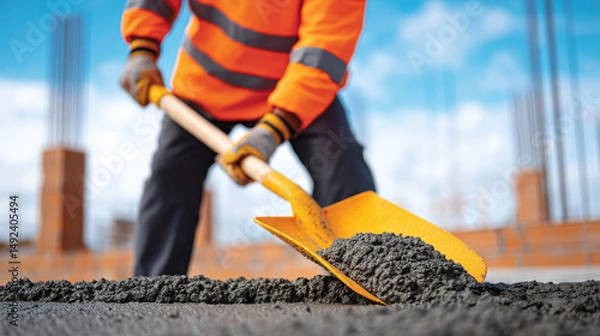 Fototapeta Construction worker in safety gear is shoveling fresh concrete on building site under blue sky with clouds
