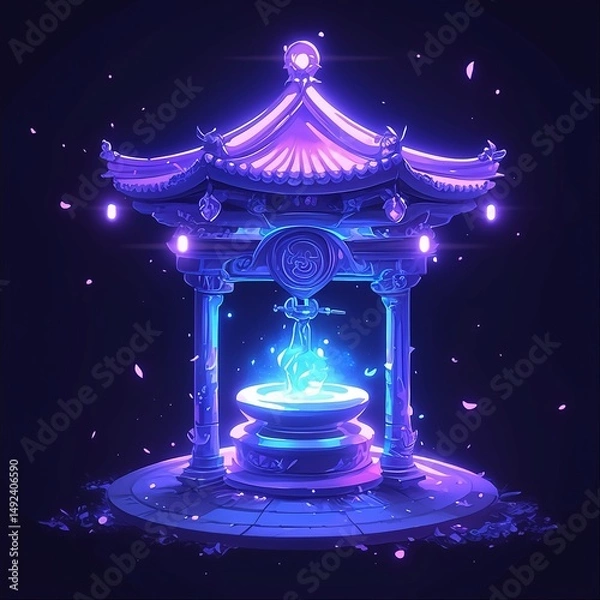 Fototapeta Neon-Illuminated Metallic Well: Premium Chinese-Style Game Icon. Inner-Glowing Abstract Commercial Background with Intricate Patterns. Luxurious Digital Design Element on Dark Canvas. AI-Generated Ill