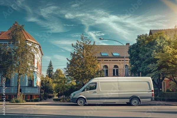 Fototapeta White delivery van parked on a residential street with buildings and trees under a clear sky, perfect for concepts of local courier and prompt urban delivery service.
