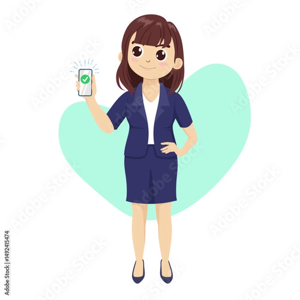 Fototapeta A cute business woman holds a phone in her hand. The woman shows a check mark or an approve sign symbol on the phone and smiles. Flat vector illustration.