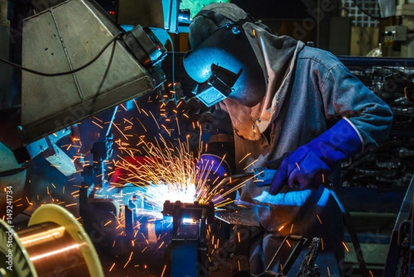 Obraz Worker,welding in a car factory with sparks, manufacturing, industry

