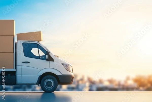 Fototapeta White delivery truck or van driving on a road in a blurred urban city setting under a bright sky, ideal for fast-paced urban transport and logistics concepts.