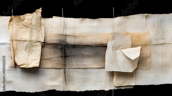 Obraz Abstract Art with Textured Paper Layers and Black Lines on a Dark Background