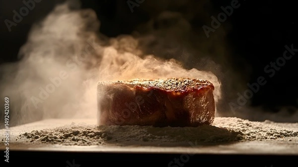 Obraz Smoky Steak on Wooden Board with Spices and Flour Surrounded by Steam and Mist