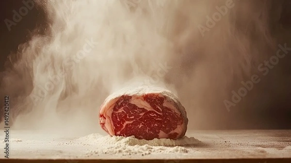 Obraz Raw steak resting on a wooden surface with flour and smoke creating a dramatic effect