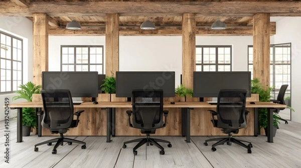 Obraz Modern Workspace Design with Wooden Beams and Minimalist Office Furniture