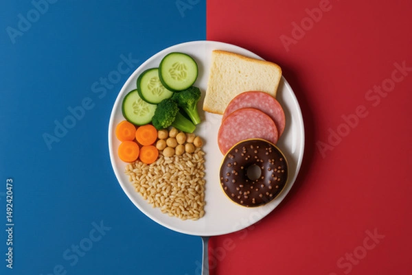 Fototapeta A plate divided between healthy vegetables, grains, and chickpeas on one side and processed foods like bread, salami, and a donut on the other, on a split blue-red background.