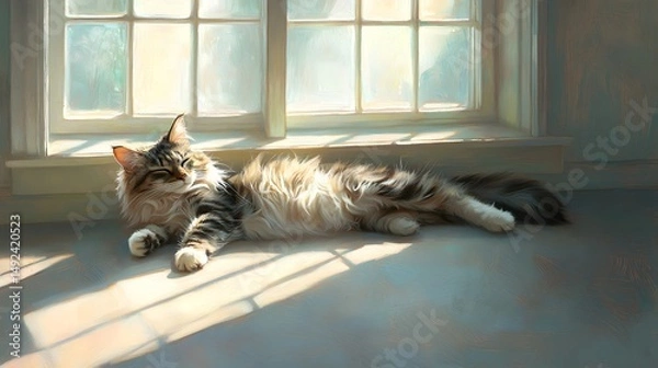 Obraz Cozy Cat Relaxing in Sunlight by Window with Soft Shadows in Room
