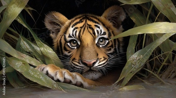 Obraz Intimate Close-Up of a Majestic Tiger in Lush Greenery at Night