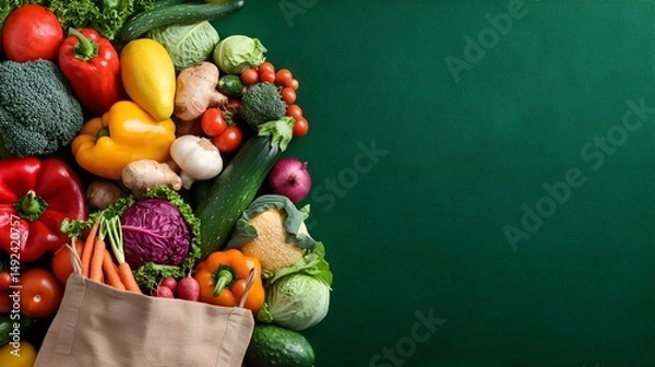 Obraz Fresh Organic Vegetables Arranged Beautifully on Dark Green Backdrop for Healthy Eating