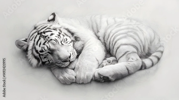 Obraz Sleeping White Tiger in Serene Pose Captured in Artistic Black and White