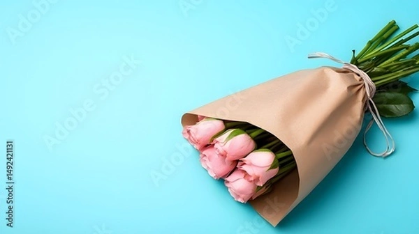 Obraz Beautiful Pink Roses Wrapped in Craft Paper on Blue Background for Floral Arrangement or Gift
