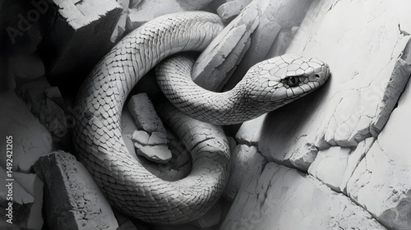 Obraz Serene White Snake Curled Among Textured Cracked Rocks in Monochrome Setting