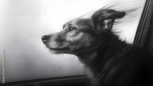 Obraz Dog Enjoying Windy Journey with Head Out of Car Window in Black and White