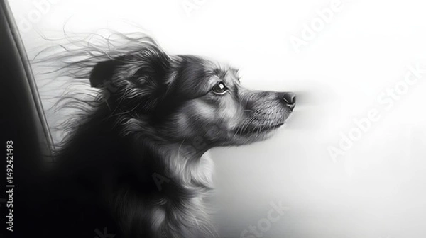 Obraz Dog Looking Out the Window with Wind Blowing Through Its Fur