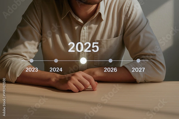 Fototapeta A person sits at a table with a timeline overlay showing years 2023 to 2027, highlighting 2025.