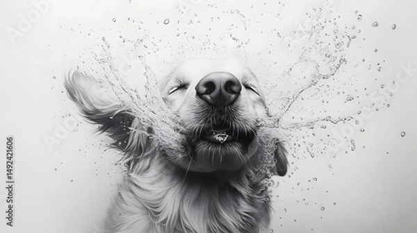 Obraz Playful Dog Splashing in Water Surrounded by Splashes and Bubbles