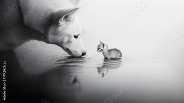 Obraz Adorable Dog and Kitten Interacting by a Calm Water Surface in Monochrome
