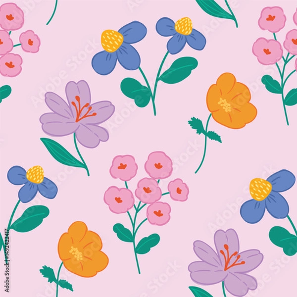 Fototapeta Abstract artistic florals seamless pattern background vector. Colorful botanical wallpaper with flower, foliage. Design for prints, cover, fabric, packaging, wall art, home decor. 