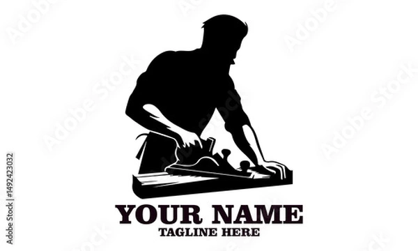 Obraz illustration carpenter with planing tool, carpentry work on wood emblem. Joinery, woodwork, woodworking badge or symbol vector and logo icon