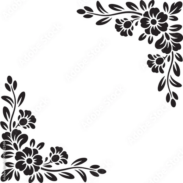 Fototapeta black floral corner ornament design bold flower shapes curved leaves swirls l shape clean white background vector illustration