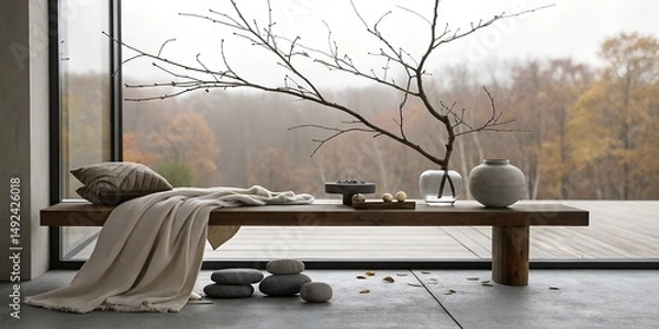 Obraz Serene Autumnal Interior Wooden Bench with Throw, Decor, and Panoramic View