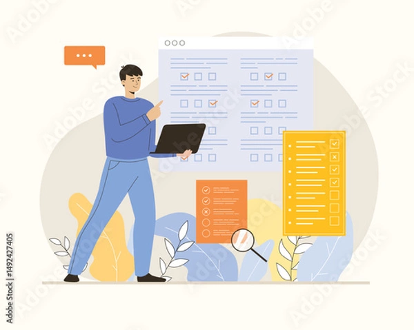 Fototapeta Online survey concept. Opinion questionnaire forms. Man fill out survey forms online on the web pages. Flat vector illustration.	
