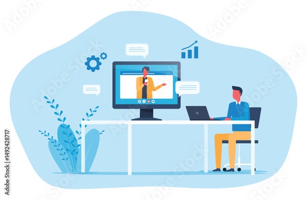 Obraz flat vector online video conference for meeting with remote technology. business team connect collaboration working concept