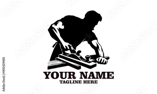 Obraz illustration carpenter with planing tool, carpentry work on wood emblem. Joinery, woodwork, woodworking badge or symbol vector and logo icon