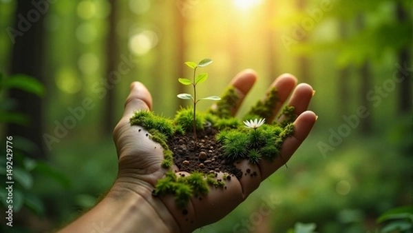 Obraz A hand holding a plant with moss and dirt