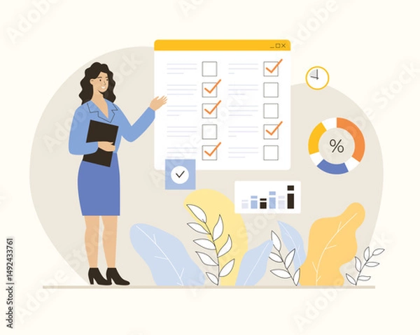 Obraz Online survey concept. Woman filling questionnaire on web page, giving feedback, marking answers in checklist form. Flat vector illustration.	

