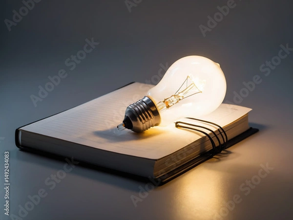 Fototapeta An open book with a light bulb symbolizes knowledge, creativity, and the combination of education and innovation.
