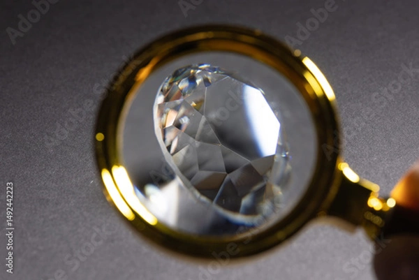 Fototapeta Diamonds in front of a dark background, reflections on the ground. brilliant cut diamond held by tweezers
