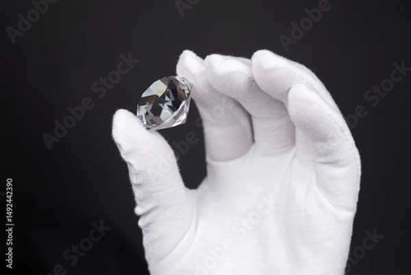 Fototapeta Closeup of hands of diamond expert in process of evaluating polished diamonds using jewellery tools