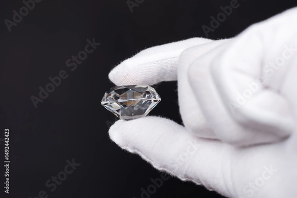 Fototapeta Closeup of hands of diamond expert in process of evaluating polished diamonds using jewellery tools