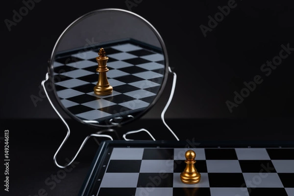 Fototapeta Chess pawn looking its reflection on a mirror and seeing itself as a King, Think Big