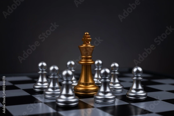 Fototapeta Golden chess king surrounded by silver pawns on chess board