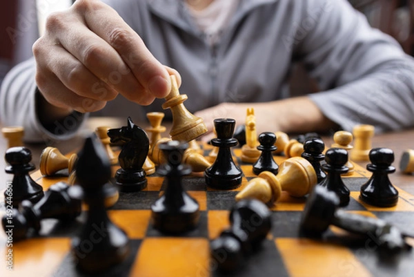 Fototapeta Hand of player chess using Minor piece, illustrate business strategy for win and success